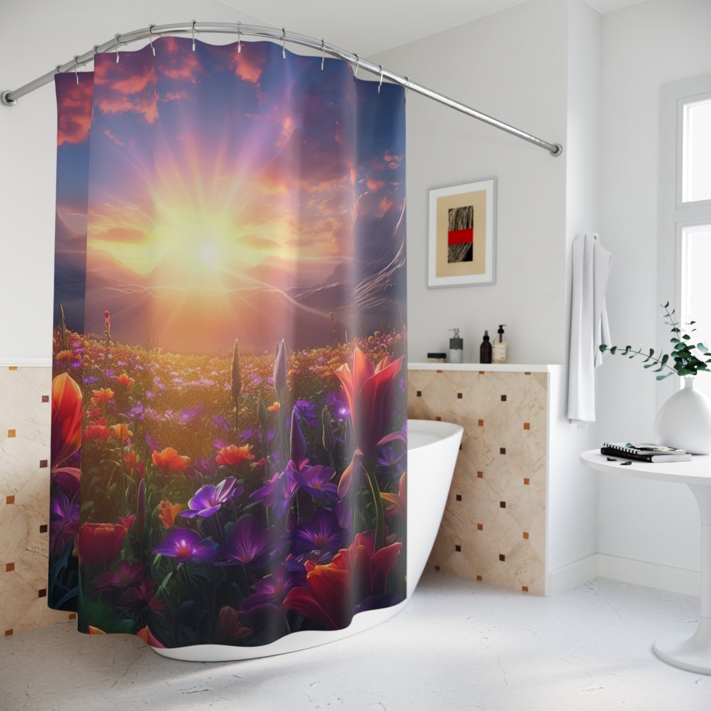 Sunrise field of flowers Polyester Shower Curtain - Stardust Divine Design