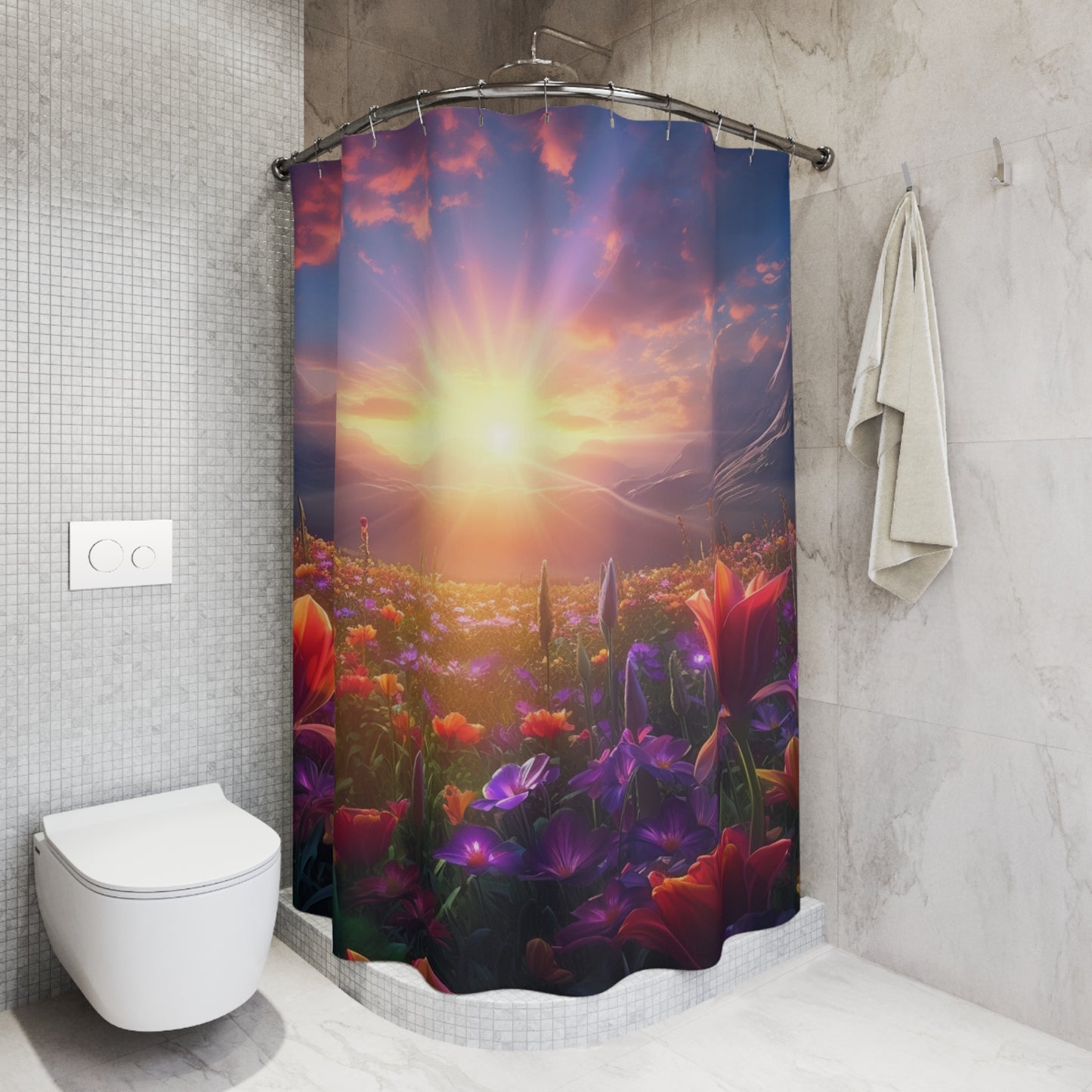 Sunrise field of flowers Polyester Shower Curtain - Stardust Divine Design
