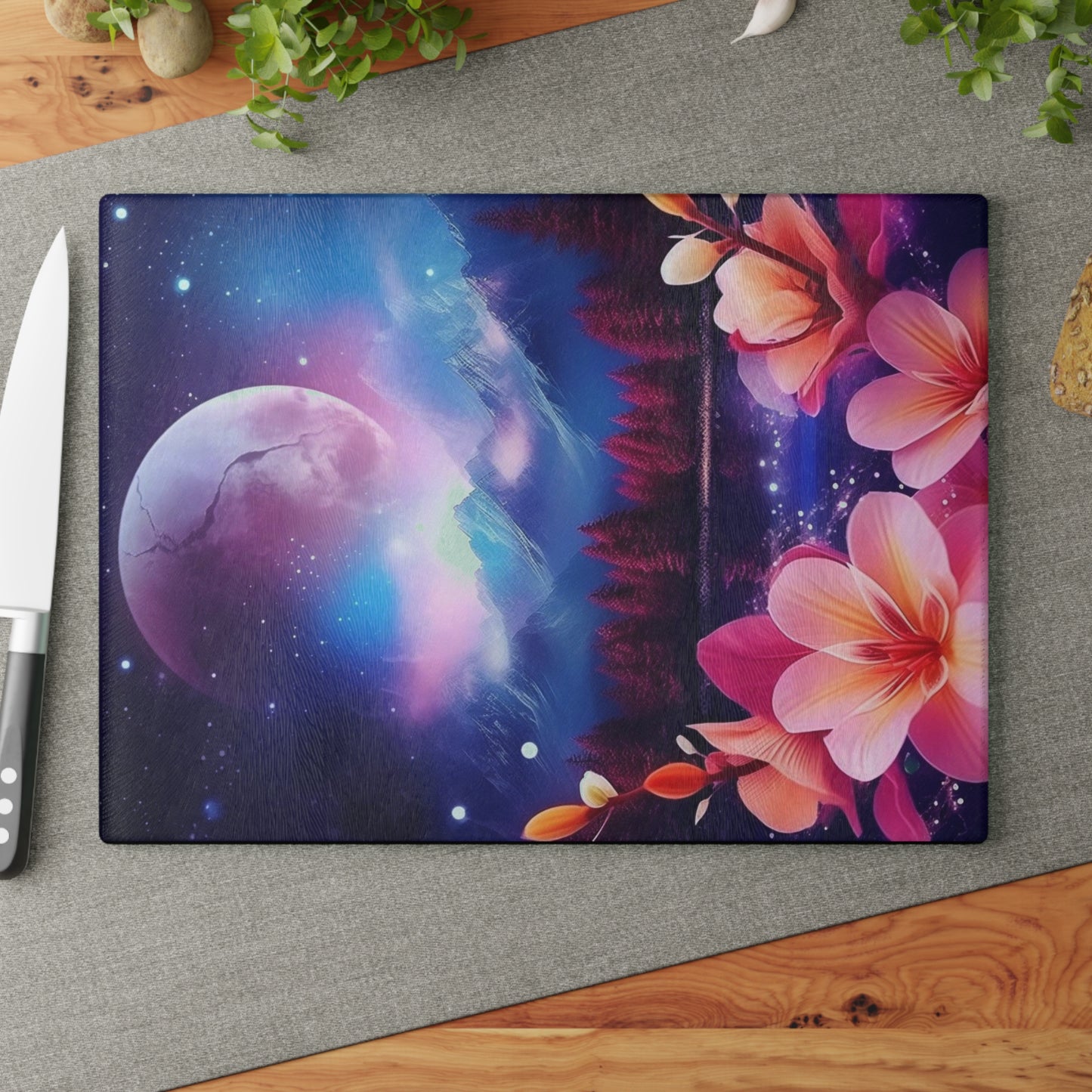 Moon and flowers Glass Cutting Board - Stardust Divine Design