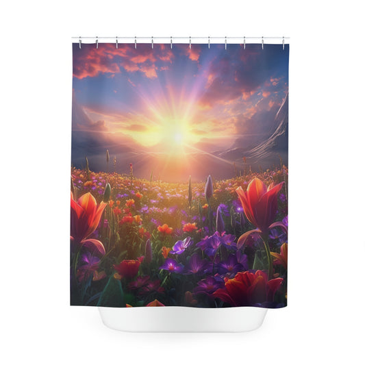 Sunrise field of flowers Polyester Shower Curtain - Stardust Divine Design