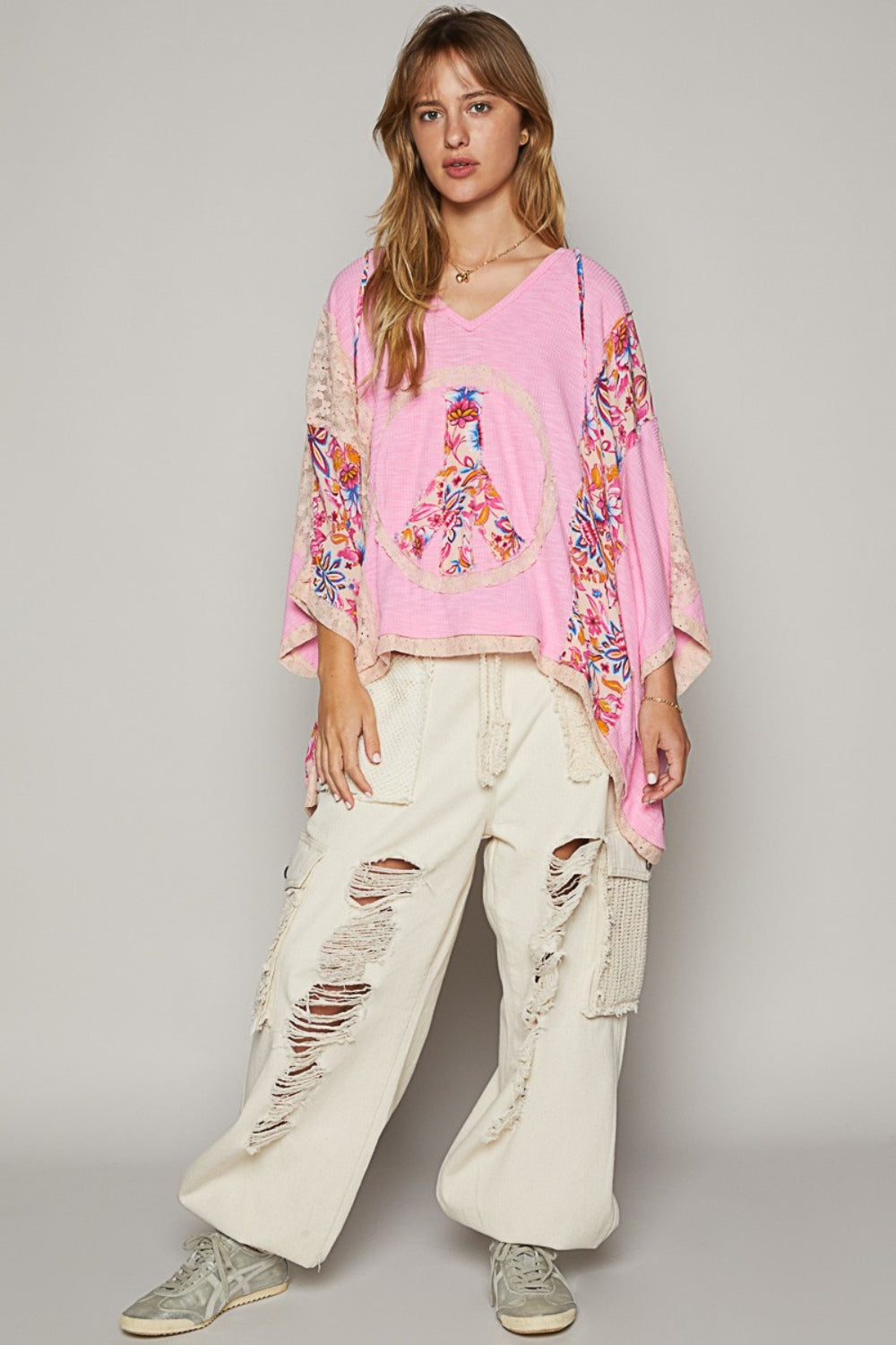 POL V-Neck Floral Print Peace Patch Lace Hooded Top