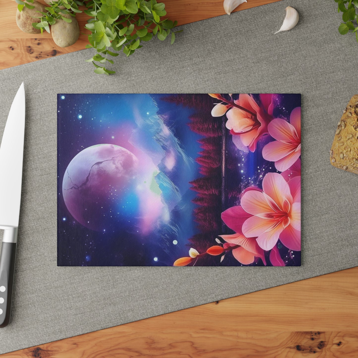 Moon and flowers Glass Cutting Board - Stardust Divine Design