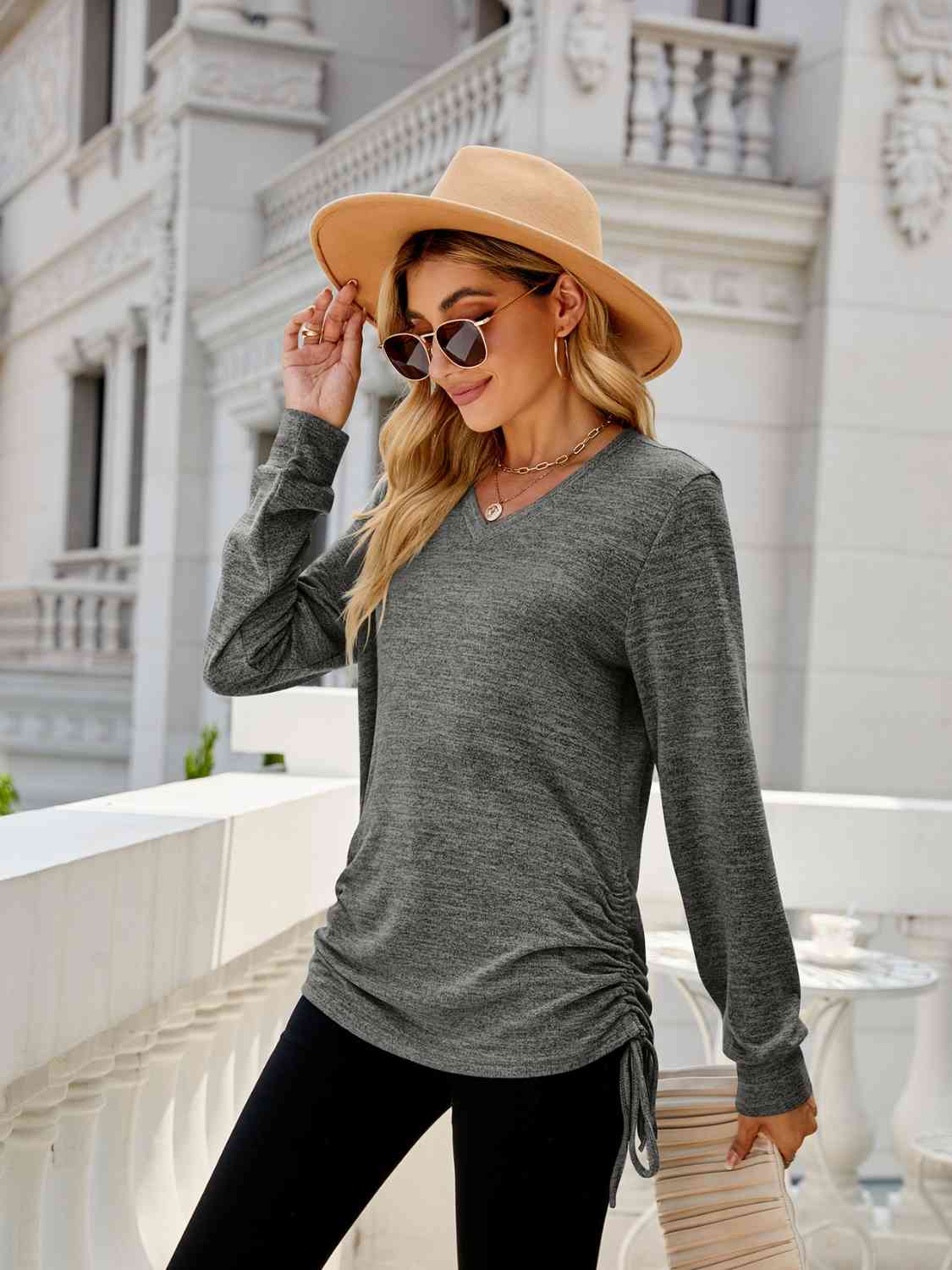 Drawstring V-Neck Long Sleeve T-Shirt