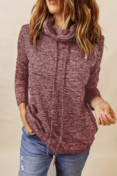 Heathered Drawstring Mock Neck Sweatshirt