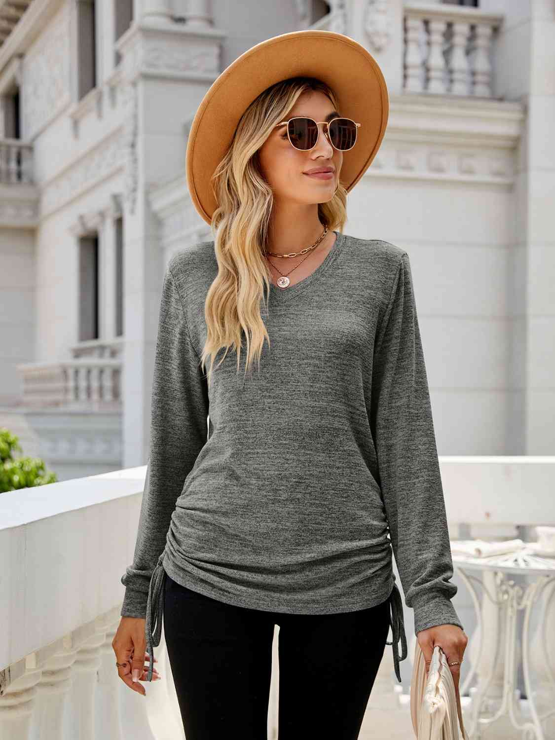 Drawstring V-Neck Long Sleeve T-Shirt