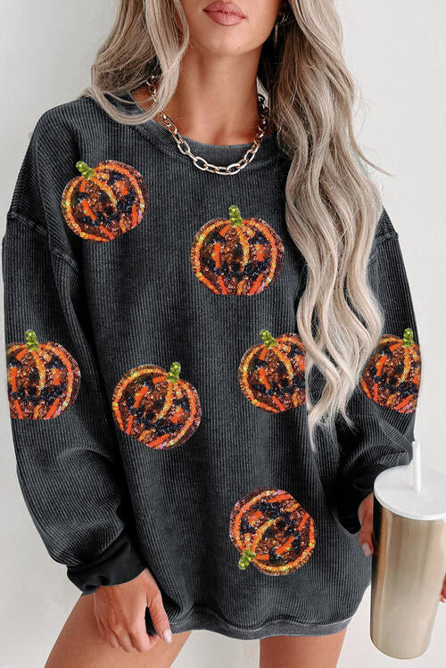 Sequin Patch Pumpkin Round Neck Sweatshirt